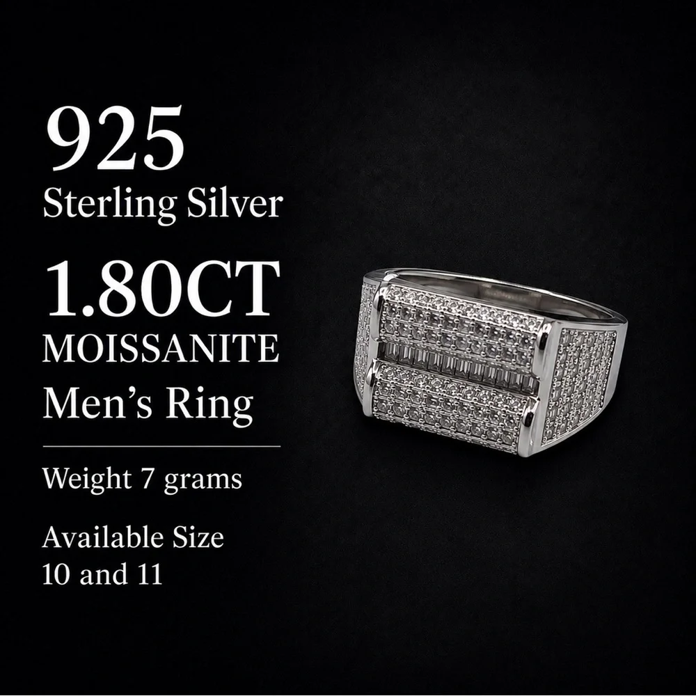 925 Sterling Silver 1.80CT MOISSANITE Iced Out Men’s Ring Size 10 or 11